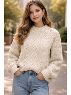 VTG Blarney Woollen Mills Pure Wool Aran Fisherman Sweater Woman's Lg Cream
